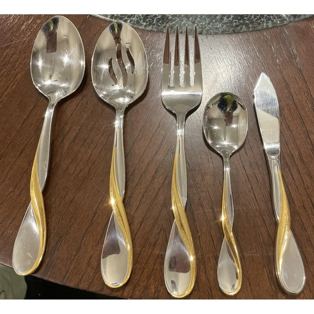 Oneida USA‎ Golden Aquarius Stainless Steel 5 Piece Hostess Set Spoon Fork Knife